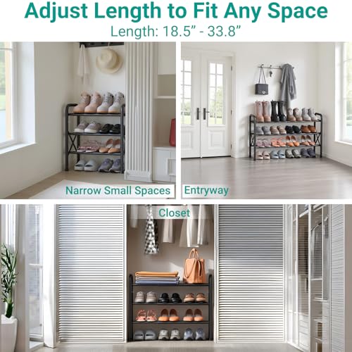 3-Tier Expandable Shoe Rack for Closet Floor, X-Frame Metal Small Shoe Rack for Entryway, Adjustable Shoe Shelf Organizer, Free Standing Shoe Racks for Front Door Entrance, Garage - Black - Image 4