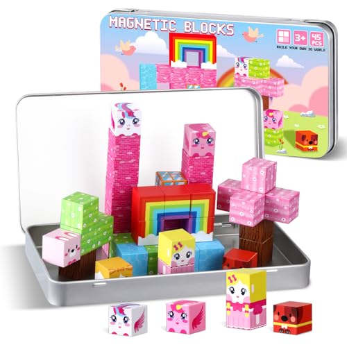 QOUBAI 45PCS Mini Magnetic Blocks Travel Toys Magnet Building Cubes Tiles Set with Portable Iron Case Learning Activities Gifts for Kids Toddlers Boys & Girls Ages 3-8 (Unicorn Rainbow)