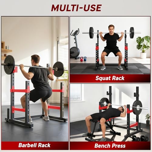 Image of Soozier Adjustable Squat Rack, Multi-Functional Bench Press Rack, Heavy Duty Steel Barbell Stand with Weight Plate Holders for Weight Lifting and Home Gym Strength Training, 660lbs Max Load