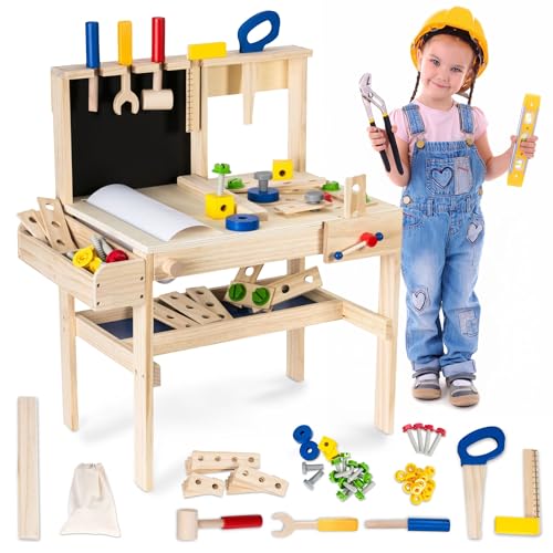 Mamabrum Banco de Herramientas de Madera para Niños – Juguete Educativo Montessori con Accesorios, Tornillos y Pizarra – Banco de Trabajo Infantil Desde los 1 Años