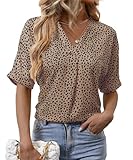 Short Sleeve Blouses for Women Leopard Print Summer Top Dressy Casual Business 3/4 Sleeve Cold Shoulder Chiffon Shirts