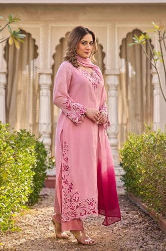 Image of GoSriKi Kurta Sets for Women Viscose Embroidered | Kurti Set for Woman | Straight Kurta Palazzo Dupatta Set | 3 Piece Set Women | Round Neck V-Slit Full Sleeve Stylish Ethnic Outfit Clothing
