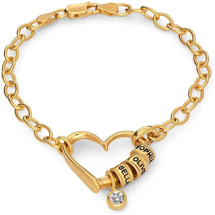 Theo Grace - Delina Engraved Bead Heart Bracelet – Personalized 1–4 Beads, in 925 Sterling Silver or Gold Vermeil with Diamond Options, Meaningful Gift for Women, Anniversary, Birthday