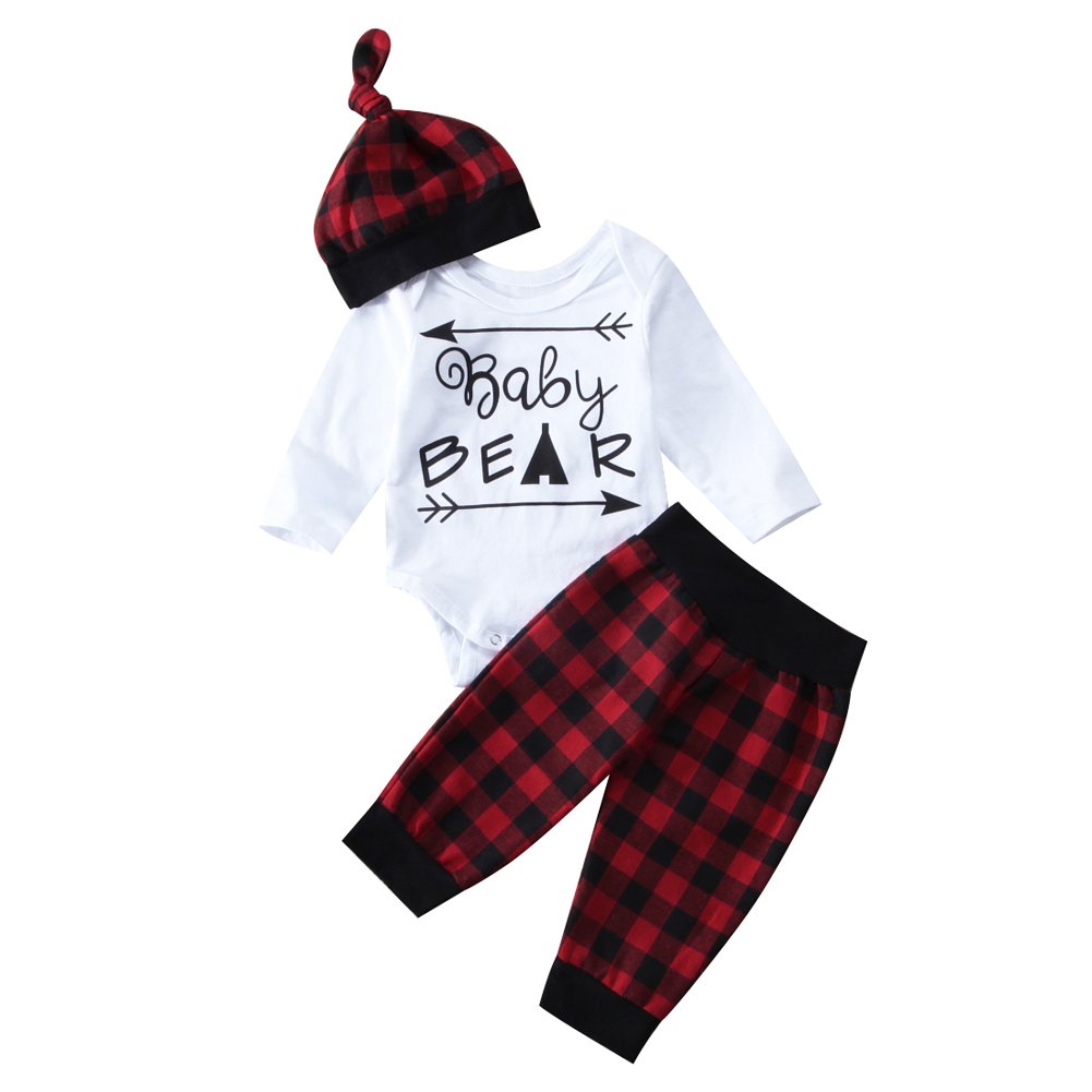 Infant Newborn Baby Boy Girl Long Sleeve Bear Romper+Plaid Long Pants+Hat Outfits Clothes Set (18-24 Months, White+Red)
