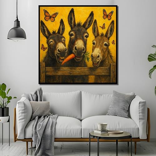 TONGYINLI Esel-Poster und -Drucke, Bild: Drei Esel teilen sich eine Karotte, Leinwandbild mit fröhlichen Schmetterlingen für die Wandgestaltung im Landhausstil (45x45cm/Rahmenlos)