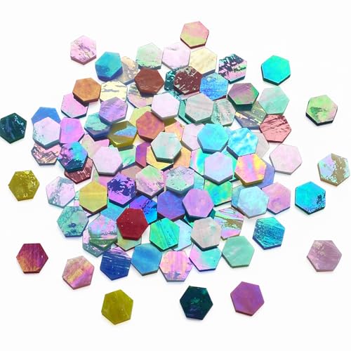 KALUCION 100 Pieces Hexagon Mosaic Tiles for Crafts Bulk, Iridescent