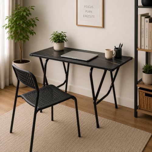Image of Folding Study Table for Home, Office, 36x24 inches | Foldable Computer Desk with Engineered Wood Top, Heavy-Duty Metal Frame | Portable Laptop & Writing Table | Black Marble Finish