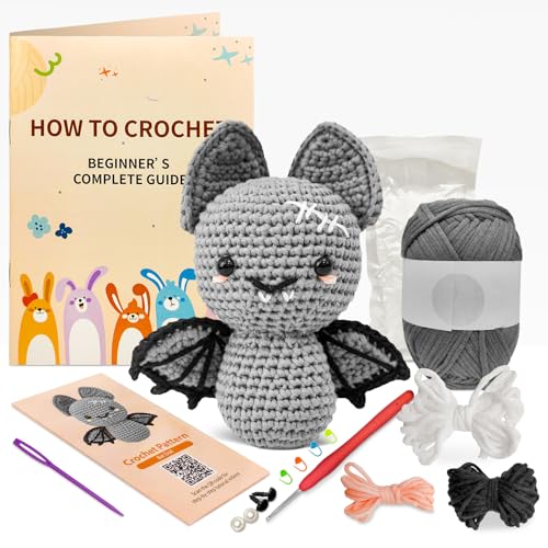 minimal beee Bat Crochet Kit for Beginners - DIY Halloween Craft Gift with Animal Yarn, Easy Knitting Supplies for Adults & Kids, Complete Starter Crochet Set with Needles & Instructions.