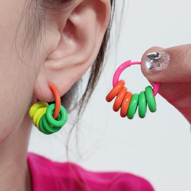 Miniatura 3 de Aretes de neón de los años 80 para mujer, coloridos aretes de aro redondos, 3 pares de aretes de acrílico geométricos retro para trajes de los años