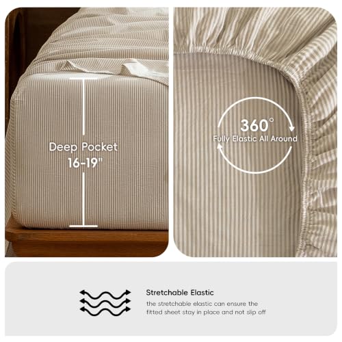 Image of MooMee Striped Sheet Set 100% Washed Cotton Linen Like King