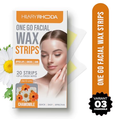 Image of Hilary Rhoda Women One Go Facial Wax Strips | Chamomile Extract | Ready-to-Use for Upper Lip, Chin & Cheeks | Hair Removal Strips with 2 Wipes | Painless, Quick & Gentle Waxing | 20 Strips