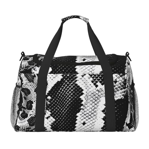 Snake Skin Black and White Printed Travel Duffle Bag for Men Women Large Sport Gym Bag Handbag with Shoulder Strap for Travel Weekend Fishing Hunting