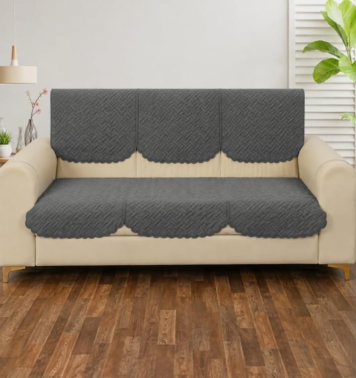 Solid Color Premium Quilted Sofa Cover Set for Sofa (Dark Grey, 3 Seater)-image-2