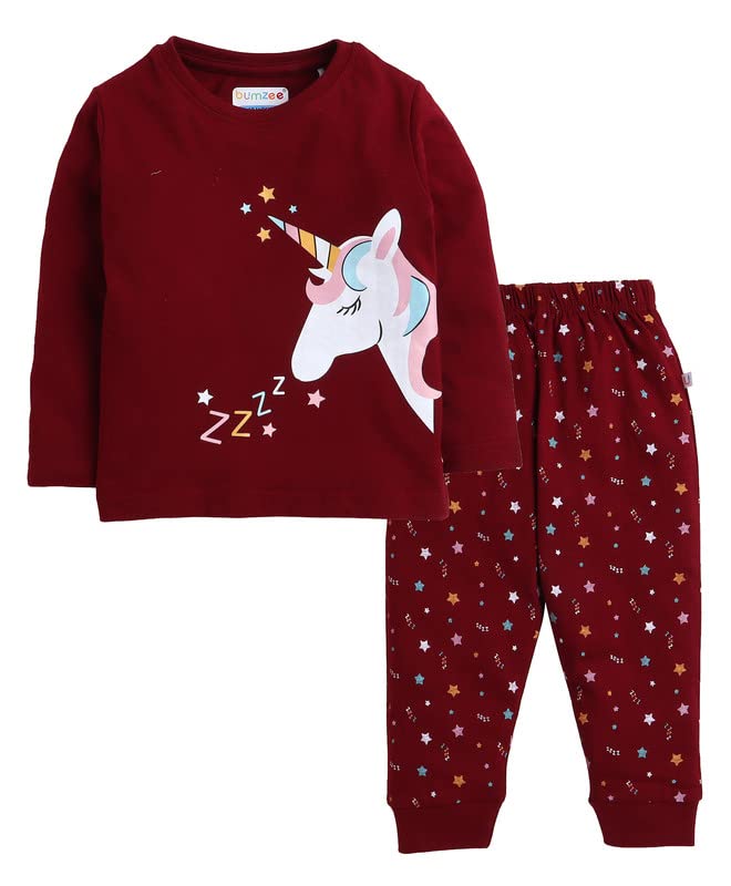 BUMZEEMaroon Girls Full Sleeves T-Shirt And Pajama Set Age - 18-24 Months
