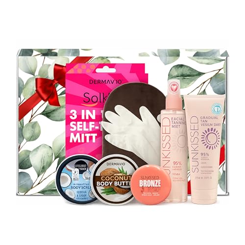 Complete Self Tan Kit Medium to Dark Tanning Cream 200ml 3-in-1 Mitt Body Scrub Coconut Lotion & Bronzing Pearls for Glowing Skin Gift Box Included