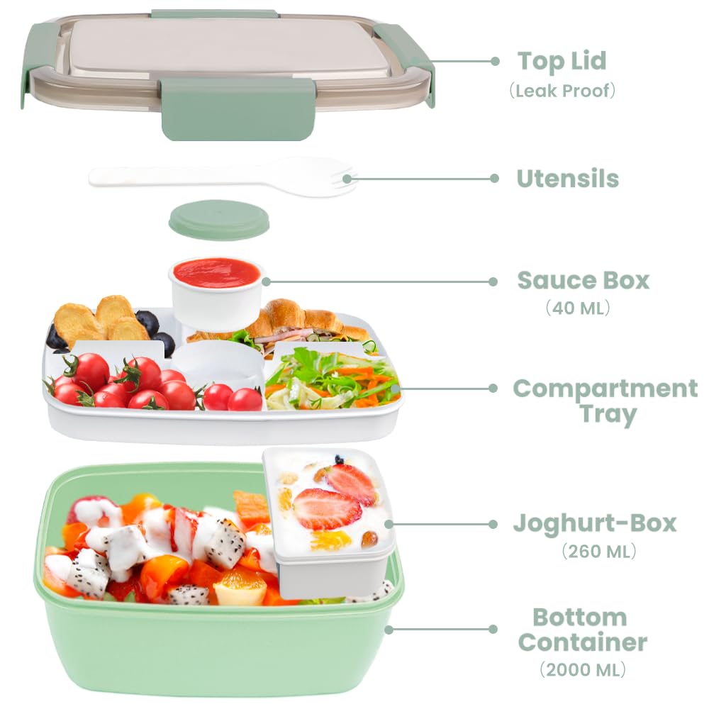 Bugucat Lot de 2 boîtes à déjeuner pour adulte - 2000 ml - Anti-fuite - Avec compartiments pour enfants - Boîte à salade à emporter avec fourchette - Pour l'école - Vert foncé + rose