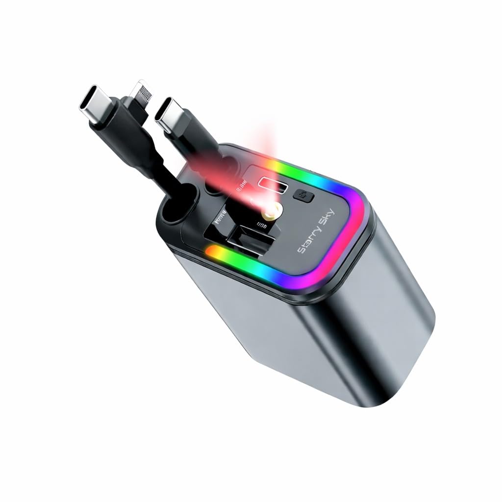 RGV 2026 New 180W Starlight Car Charger with Ambient RGB Light Type C Fast 5-in-1 Retractable Car Charger for iPhone/Android (Grey)-image-30