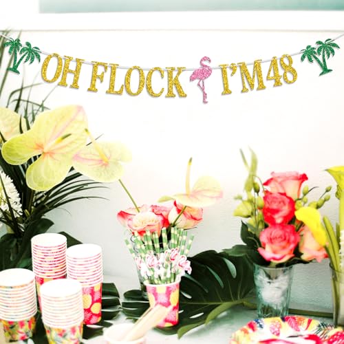Image of Oh Flock I'm 48 Banner, Glitter Happy 48th Birthday Anniversary Party Decorations, Pineapple Party Decor, Hawaiian Luau Tropical Aloha 48 Theme Celebration Photo Props