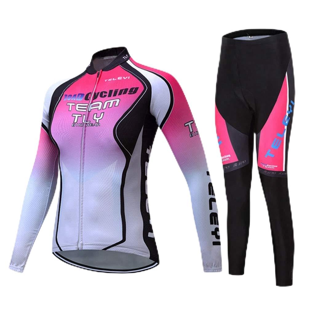 Women's Cycling Clothing Set Long Sleeve Thermal Fleece Cycling Jersey MTB Bicycle Riding Bike Padded Pants White Pink M
