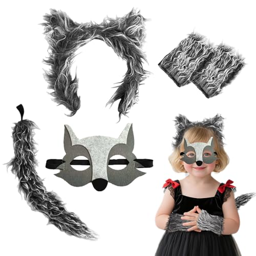 SAIIURV 4 Pcs Accessoires Costume de Loup pour Enfant Adulte Oreilles de Loup Queue Gants Masque Déguisement Loup Garou pour Halloween Carnaval Fête Cosplay...