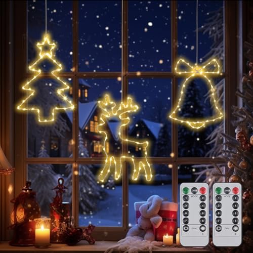 PUTINEI LED Weihnachtsbeleuchtung,3 Stück 135 LED Weihnachtsbeleuchtung Fenster Außen,Beleuchtet mit Batteriebetriebene, Timer,Weihnachtsbeleuchtungs innen für Weihnachten Deko,Fenster,Warmweiß
