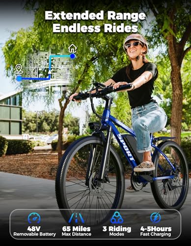 Image of Misodo Electric Bike for Adults, 1500W Peak Mountain Ebike with 25 MPH, 65 Miles Range, 7 Speeds, 48V 10Ah Removable Battery 26 inch Ebike for Commute