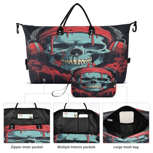 Red Music Skull Travel Duffel Bags Gym Bag Weekender Handbag with Toiletry Bag for Women Girls Men2