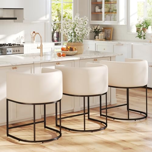 Modern Counter Height Linen Fabric Upholstered Counter Stools Set of 3, 24 Inch Kitchen Island Stool with Black Tubular Frame, Cream