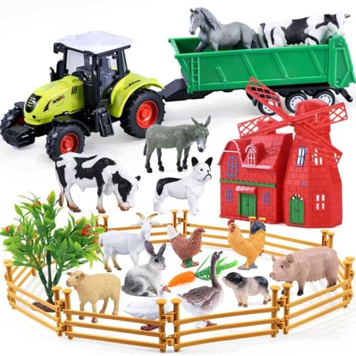 SIENON Lot de 26 jouets de la ferme pour enfants - Avec figurines d'animaux de grange - Tracteur, moulin à vent et clôture - Véhicule de ferme avec remorque...