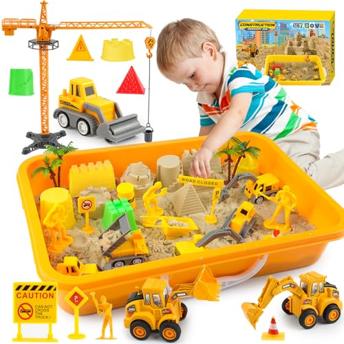 Construction Sensory Bin Play Sand Construction Set Beach Building Castle Kit with 2.2lbs Play Sand 2 Take-Apart Construction Trucks 5 Small Toy Trucks and Signs Preschool Learning Activity Gift