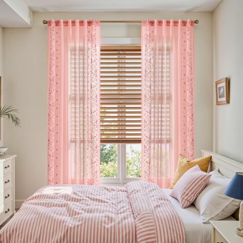 Image of jinchan Winslow Sheer Curtains 96 Inch for Bedroom Living Room Embroidered Bordered Floral Nursery Curtains for Girls Room Light Filtering Window Treatments, Pink on Pink, 2 Panels, 50 inch x 96 inch