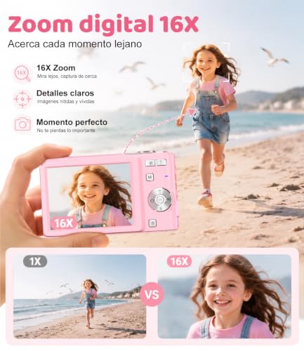Miniatura 6 de 50MP Camara de Fotos Digital Compacta, 1080P FHD Vlogging Cámara Digital con Pantalla 2,4”, Zoom Digital 16X, Antivibración, Minipuerta Adecuado para Niños Estudiantes, Tarjeta de 16 GB(Rosa)