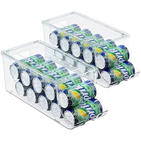 SCAVATA Soda Can Organizer for Refrigerator, Stackable Canned Food Pop Cans Container Can Holder Dispenser with Lid for Fridge Pantry Rack Freezer, Clear Plastic Storage Bins (Hold 20 Cans) Cover
