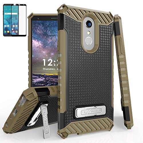 Military Grade Drop Test Certified [Shockproof] Rugged Dual Layered Case [Magnetic Kickstand] + [Tempered Glass] Full Body Cover Compatible with LG Stylo 4 Q710 - Black/Tan