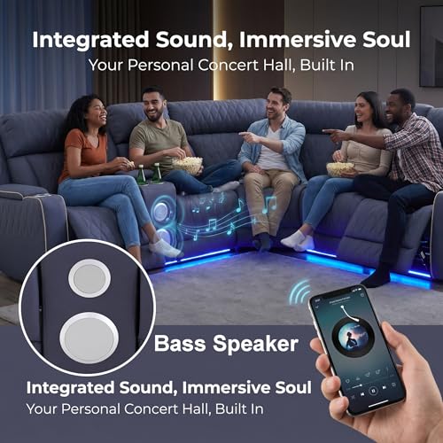 Image of Power Reclining Sectional Sofa Set with LED Light, Blue Grey Sanded Leather Sectional Couches, Living Room Furniture Sets, Power Recliner Sofa Sets with 3 Recliner Seater for Living Room