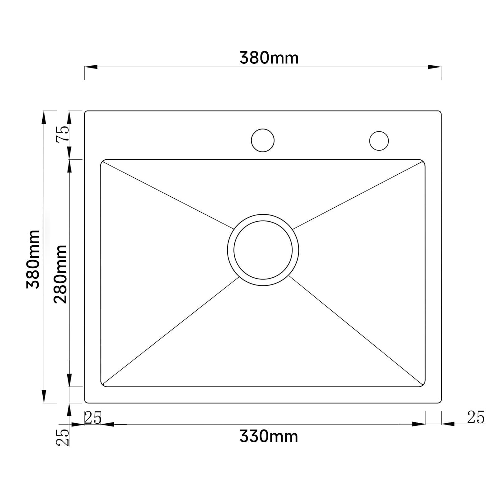 38x38 cm Fregadero de acero inoxidable, fregadero de cocina, fregadero de apoyo con 1 lavabo con juego de sifón en color acero inoxidable