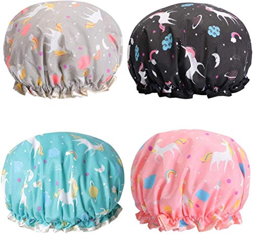 Gorras de ducha Unicornio de doble capa impermeable gorro de ducha reutilizable banda elástica casquillos de baño para mujeres y niñas paquete de 4