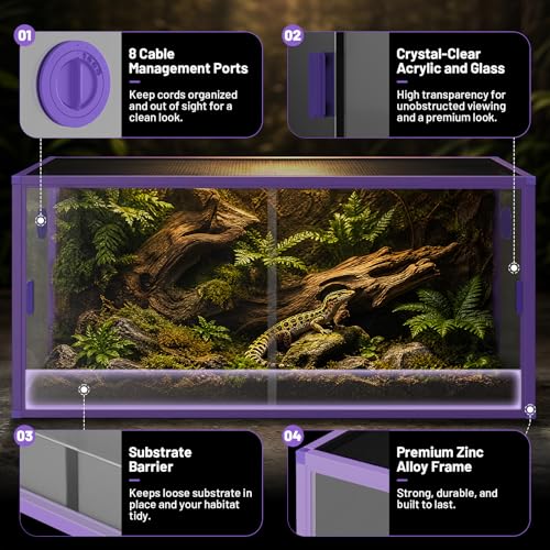 Image of 120 Gallon Reptile Tank, 4x2x2 Reptile Enclosure for Bearded Dragon, Snake, Ball Python & Chameleon, Aluminum Alloy Reptile Terrariums Cage with Front Sliding Tempered Glass Doors (Purple)