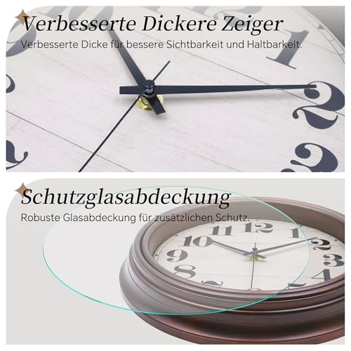 VIKMARI 23cm Vintage Wanduhr, Groß Retro Braun Wanduhr Ohne Tickgeräusche für Wohnzimmer Schlafzimmer Küche Badezimmer Büro – Bild 6