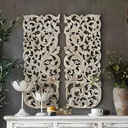 Image of VAS Collection Home Floral MDF Wall Decoration Panel, Wall Decoration Hanging, Wood Carving Wall Decoration Panel for Living Room, Bedroom, Hallway, Office (12 inchInch X 27 inchInch, White Antique) -Set of 2 DISTRESS FINISH