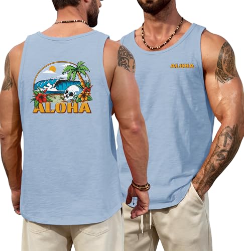 Image of VOGSTART Mens Graphic Muscle Tank Top Beach Slub Cotton Sleeveless Shirts | Design, Print, Casual, Summer, Vacation, Holiday, Surf, Hawaiian, Workout, Vintage, Tropical