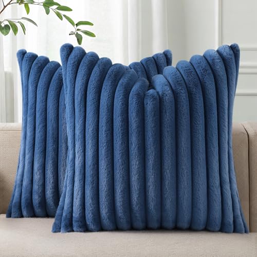 Pallene Faux Fur Plush Throw Pillow Covers 18x18 Set of 2, Luxury Soft Fluffy Striped Decorative Pillow Covers for Sofa, Couch, Living Room, Navy Blue