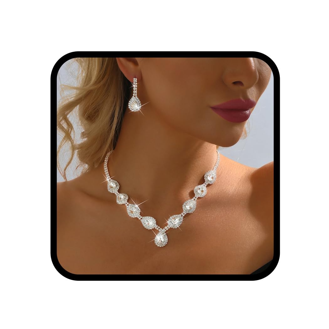 Fashband Juego de joyas de diamantes de imitación plateados, collar de boda y aretes, accesorios para mujer, /