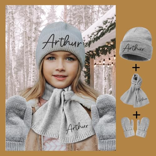 Personalized Toddlers Winter Scarf Gloves Set 3 Pcs, Custom Embroidered Name Beanie Hat, Knit Warm Set for Kids3