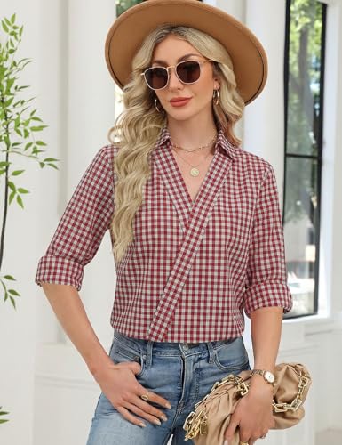 Image of LOMON 3 /4 Length Sleeve Womens Tops Dressy V Neck Collared Shirts Trendy Business Casual Work Blouses Vacation Outfits 2026