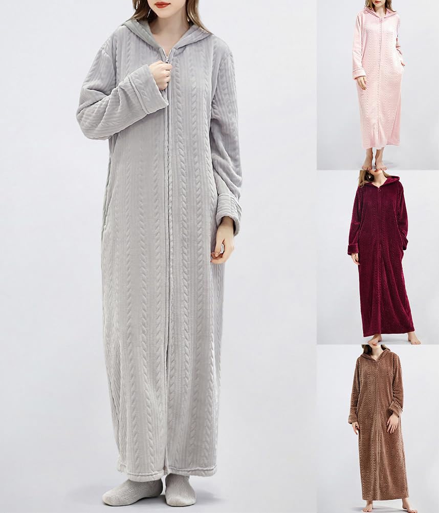 Peignoir De Bain Femme Eponge Long Epais Chaude Maxi Robe De Chambre Hiver Polaire Tout Doux Pyjama Kimono Tissu Confortable Éponge Zippé Large Eponge Sweat