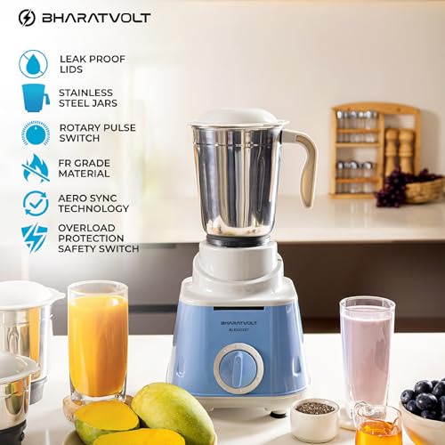 Image of Mixer Grinder | 500W Turbo Motor | 3 Stainless Steel Jars | Overload Protection, Leak Proof Lids, 3 Speed & Pulse Function | Powerful Mixer for Home Kitchen | Blue White