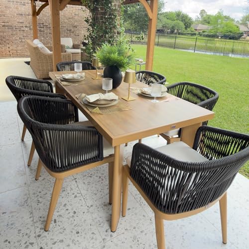 Image of PURPLE LEAF Outdoor Dining Set for 6 with Sunbrella Cushion Chairs Teak