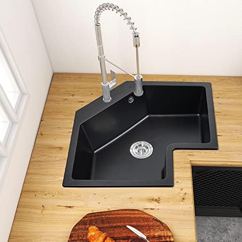 COGITIL 25 Inch Modern Black Drop In Corner Kitchen Sink Quartz Single Bowl Irregular Kitchen Sink