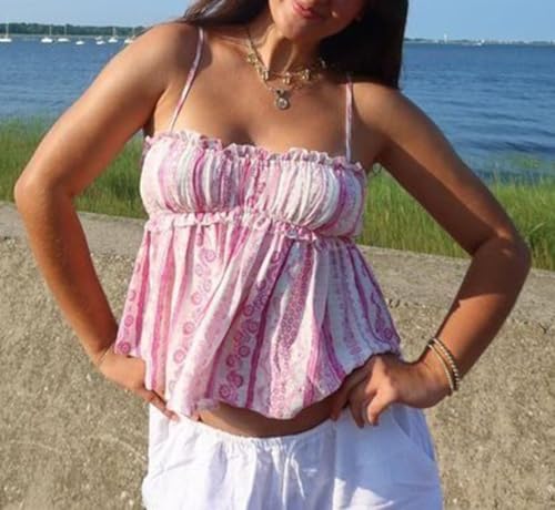 Image of Women Floral Camisoles Tops Sexy V Neck Backless Ruffle Hem Going Out Tops Cute Summer Y2k Teen Girls Camis